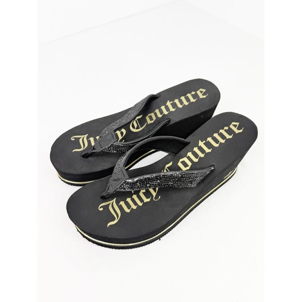 Juicy Couture Black Gold Sparkle Rhinestone Thong Toe Wedge Heel Sandals